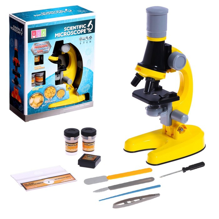 Микроскоп детский «Юный ботаник» кратность х100, х400, х1200, желтый, подсветка Микроскоп детский «Юный ботаник» кратность х100, х400, х1200, желтый, подсветка