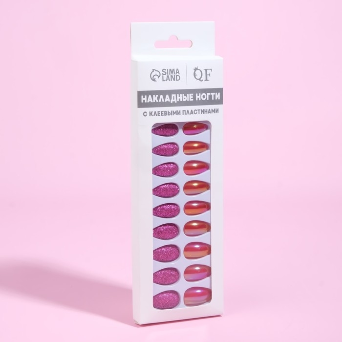 Накладные ногти, 24 шт, с клеевыми пластинами, форма миндаль, блёстки/голография, цвет малиновый Накладные ногти, 24 шт, с клеевыми пластинами, форма миндаль, блёстки/голография, цвет малиновый
