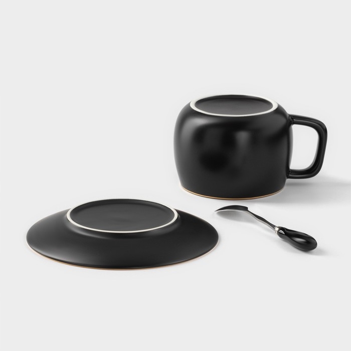 Чайная пара керамическая с ложкой «Мати», 2 предмета: чашка 280 мл, блюдце d=13,5 см, цвет чёрный Чайная пара керамическая с ложкой «Мати», 2 предмета: чашка 280 мл, блюдце d=13,5 см, цвет чёрный
