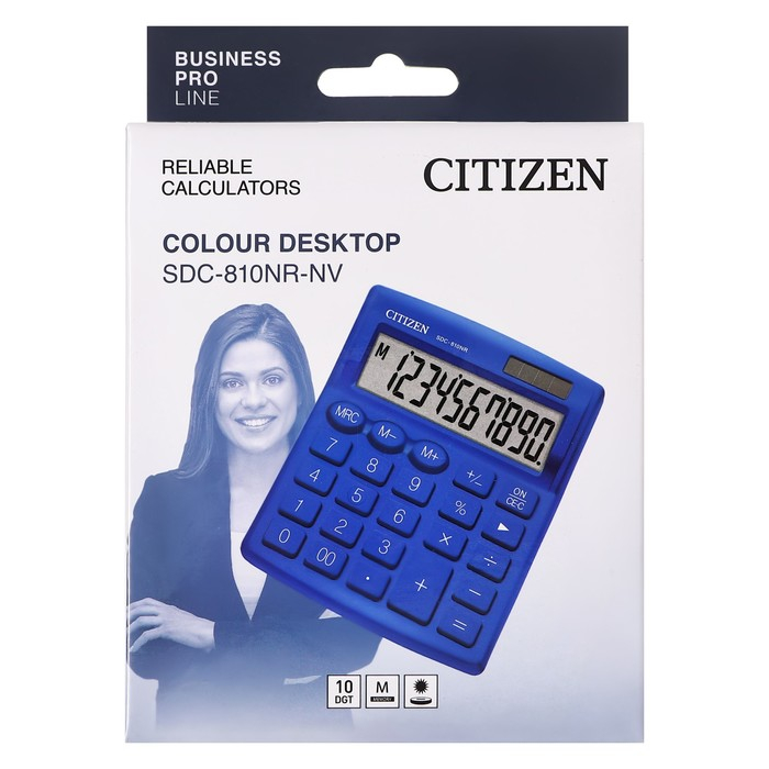 Калькулятор настольный Citizen  Калькулятор настольный Citizen "SDC-810NR", 10-ти разрядный 102 х 124 х 25, двойное питание, синий