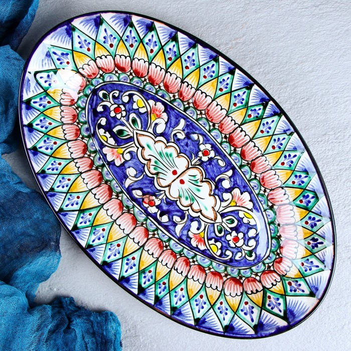 Селедочница Риштанская Керамика  Селедочница Риштанская Керамика "Узоры", 34 см, разноцветное, овальное