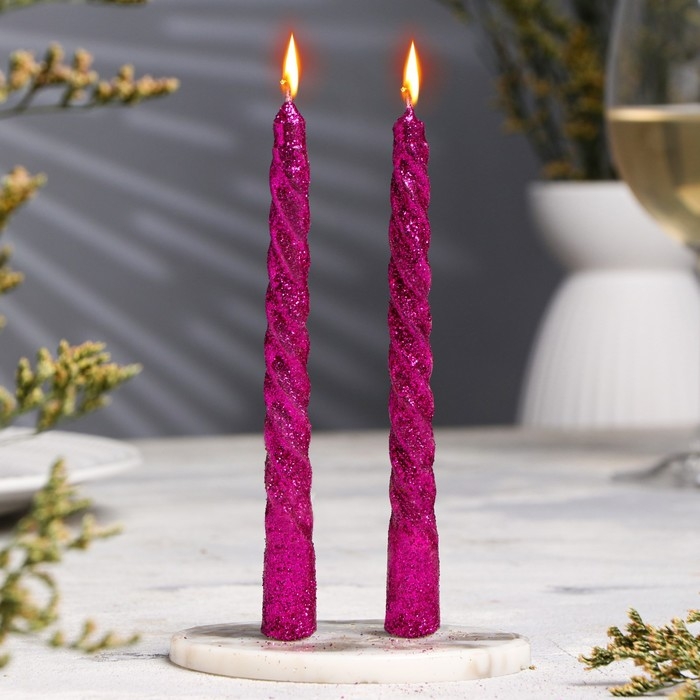 Набор свечей витых, 1,5х 15 см, 2 штуки, блестка, сиреневый Набор свечей витых, 1,5х 15 см, 2 штуки, блестка, сиреневый