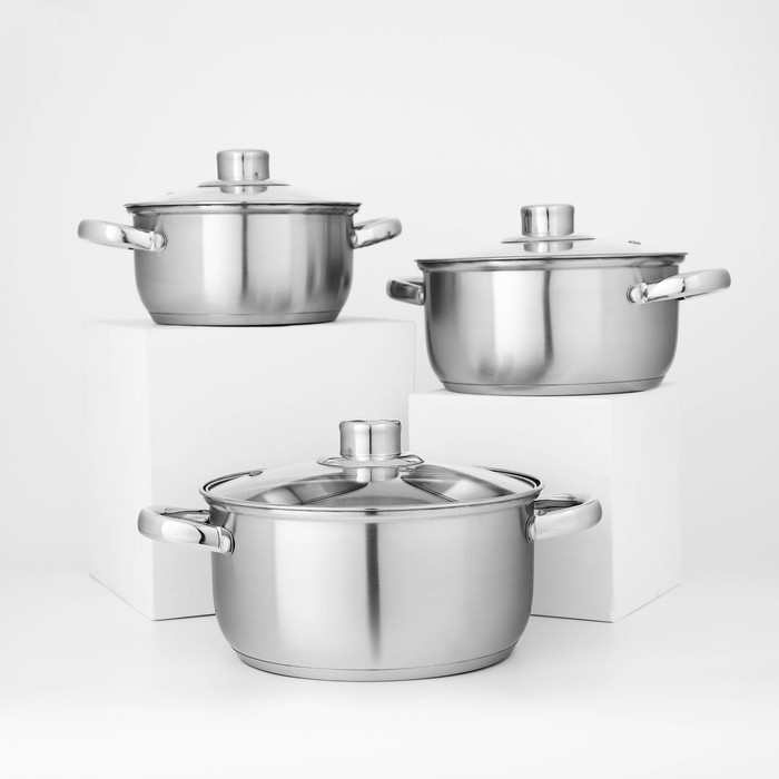 Набор кастрюль из нержавеющей стали Доляна «Гретте», 3 предмета: 1,6 л, 2,3 л, 3,2 л, крышки Набор кастрюль из нержавеющей стали Доляна «Гретте», 3 предмета: 1,6 л, 2,3 л, 3,2 л, крышки