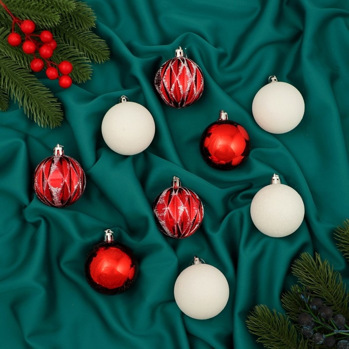 Набор шаров пластик d-5,5 см, 9 шт Набор шаров пластик d-5,5 см, 9 шт "Гармония" грани, красный белый