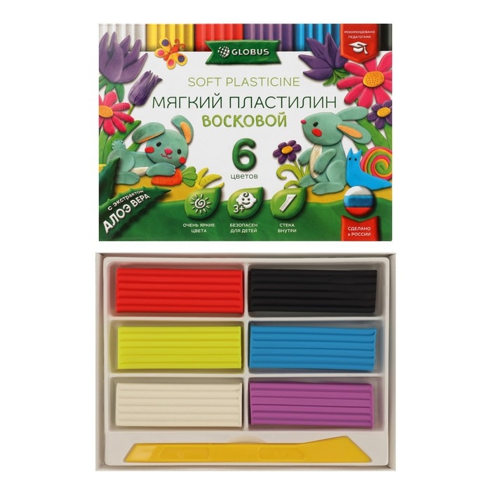 Пластилин мягкий (восковой), 6 цветов, 90 г, GLOBUS, с Алоэ Вера, со стеком Пластилин мягкий (восковой), 6 цветов, 90 г, GLOBUS, с Алоэ Вера, со стеком