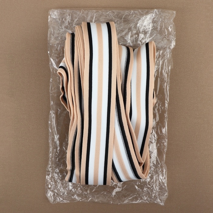 Тесьма трикотажная лампас 40 мм, 9,1 ± 0,5 м, цвет бежевый/чёрный/белый