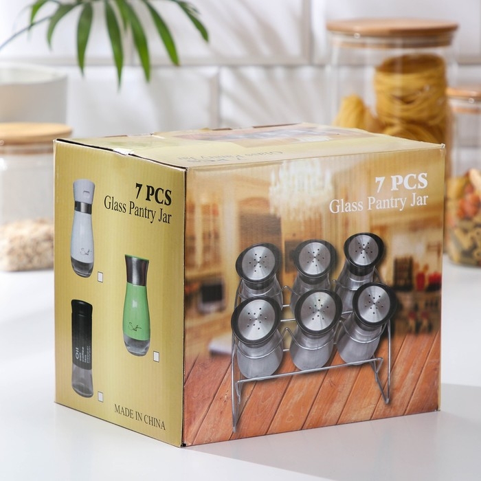 Набор банок стеклянных для сыпучих продуктов «Стиль», 20×16×17 см, на подставке, 6 шт, цвет МИКС
