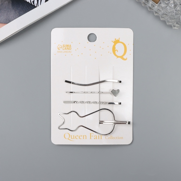 Невидимка для волос  Невидимка для волос "Тириль" (набор 4 шт) котик, 5,5 и 6,5 см, серебро