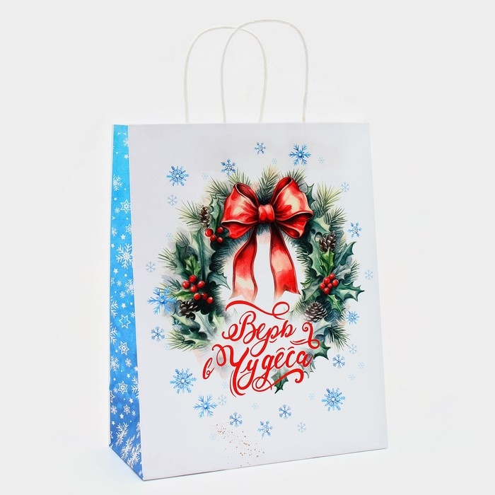 Новый год. Пакет бумажный подарочный новогодний крафт Новый год. Пакет бумажный подарочный новогодний крафт "Чудеса" 32 х 26 х 11 см.