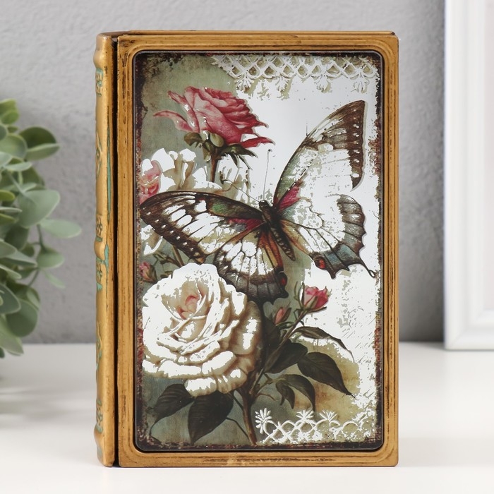 Шкатулка-книга металл, кожзам Шкатулка-книга металл, кожзам "Бабочка и розы" с зеркалом 17х12х5 см