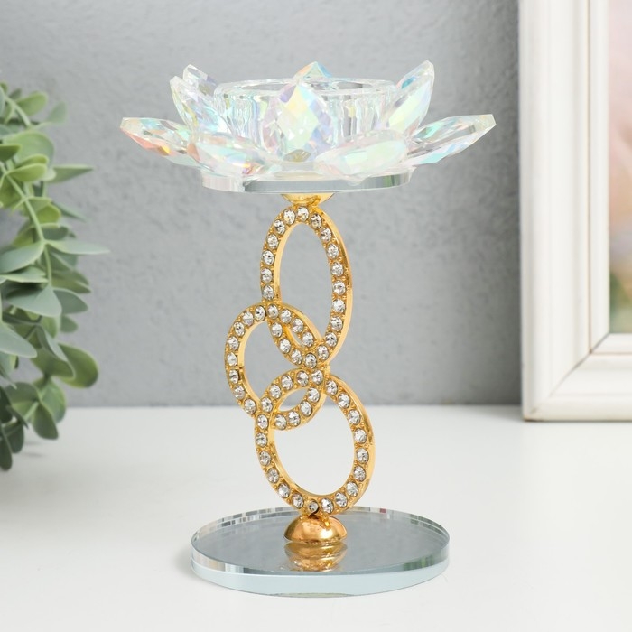 Подсвечник стекло на 1 свечу "Лотос на кольцах" золото d=4,2 см 6,5х6,5х15 см