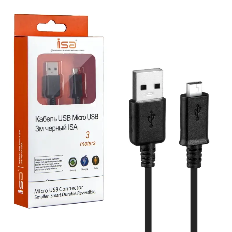 Кабель USB на MicroUSB 3м ISA черный Кабель USB на MicroUSB 3м ISA черный