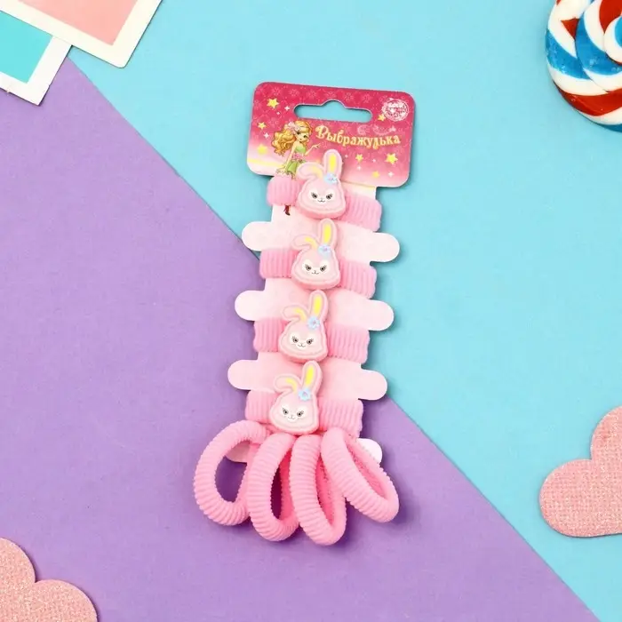 Резинка для волос "Конфетти" (набор 8 шт) зайка, розовый