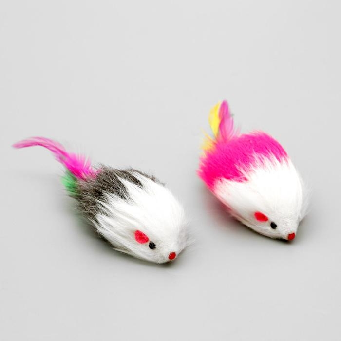 Мышь меховая  Мышь меховая "Пушистик" с перьями 7,5 см, микс цветов