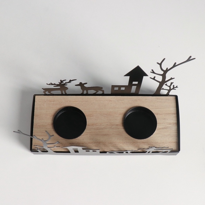 Подсвечник металл, дерево на 2 свечи "Олени и домики" d=4 см 7,5х18х14 см