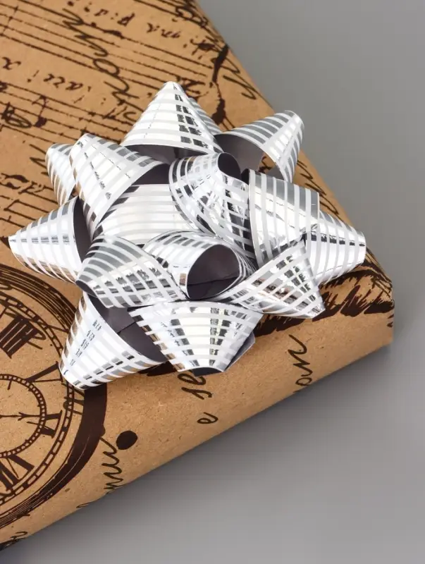 Подарочный Бант - звезда №7.5, металлик с рисунком, для упаковки подарков, набор 8 шт., МИКС