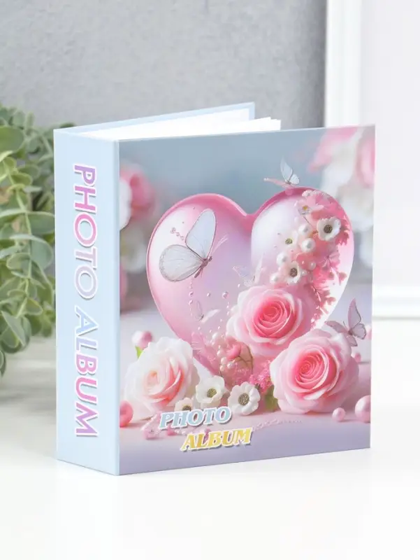 Фотоальбом на 40 фото 10х15 см "Сердце и бабочки с розами" в коробке 4,5х14х17 см