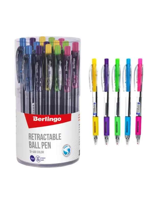 Ручка шариковая Berlingo. SI-400 Color, автоматическая, синий стержень, узел 0.7 мм, резиновый упор, МИКС