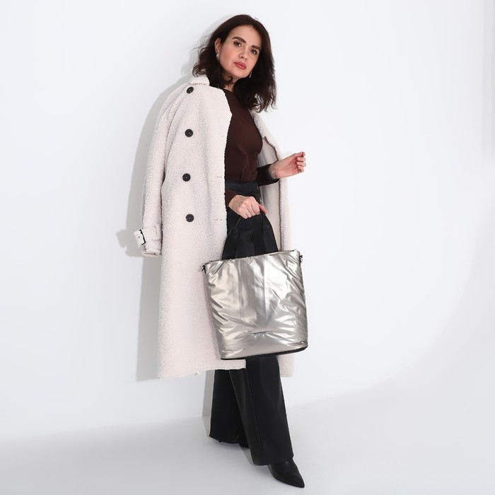 Сумка-тоут на молнии, наружный карман, длинный ремень, цвет бронзовый