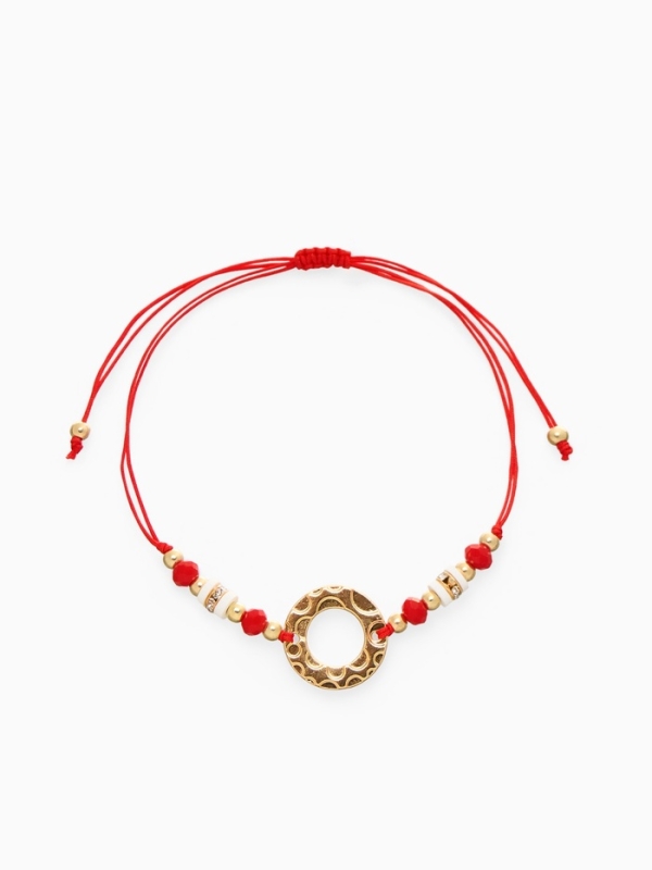 Браслет-оберег «Красная нить» женский, защита, кольцо, бело-красный в золоте, d=6