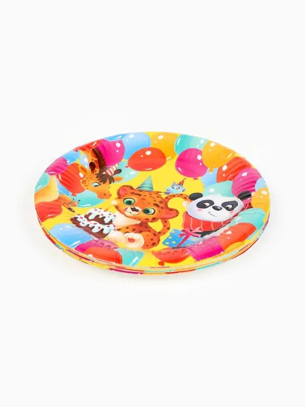 Тарелка одноразовая бумажная «С Днём рождения, весёлые зверята», жёлтая, 18 см