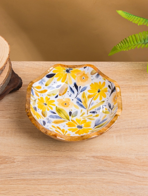 Салатник "Желтые и синие цветы" дерево манго 20х20х8 см