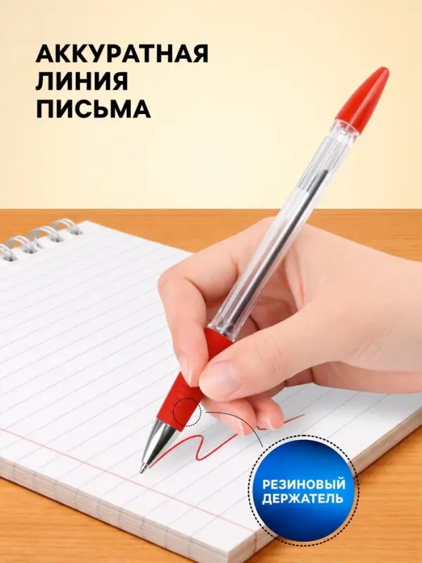 Ручка шариковая, красный стержень, узел 0.5 мм, прозрачный корпус, резиновый упор