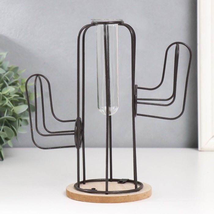 Декор металл, стекло, дерево Декор металл, стекло, дерево "Кактус" на подставке чёрный 20х12х22,5 см