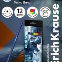 Карандаши 12 цветов, ErichKrause Techno Dino, пластиковые, шестигранные