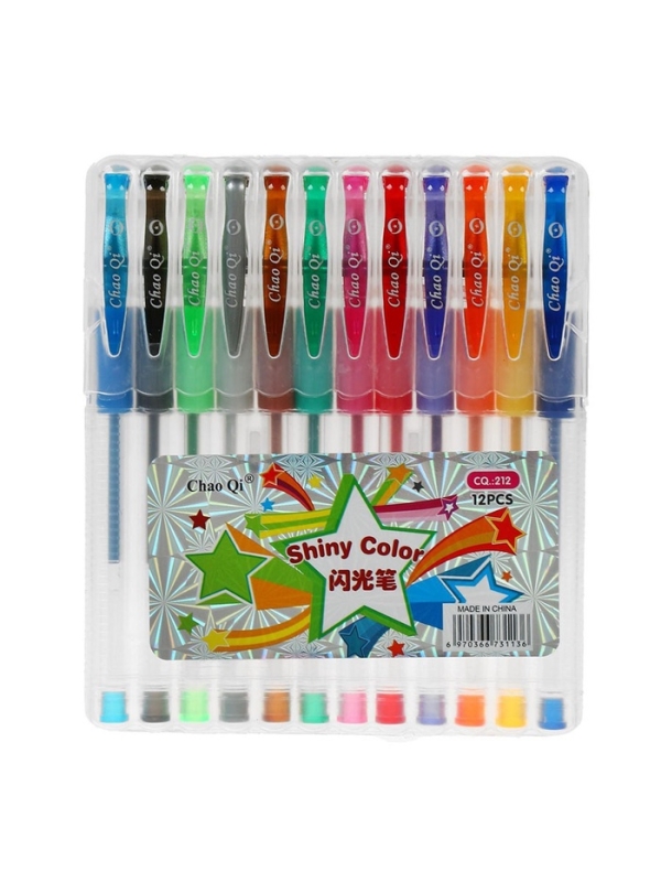 Набор гелевых ручек, 12 цветов, с блестками, с резиновым держателем, в пластиковой коробке