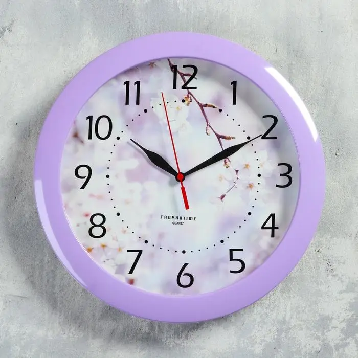 Часы настенные, серия: Цветы, &laquo;Цветущее дерево&raquo;, плавный ход, d=29 см, сиреневый обод