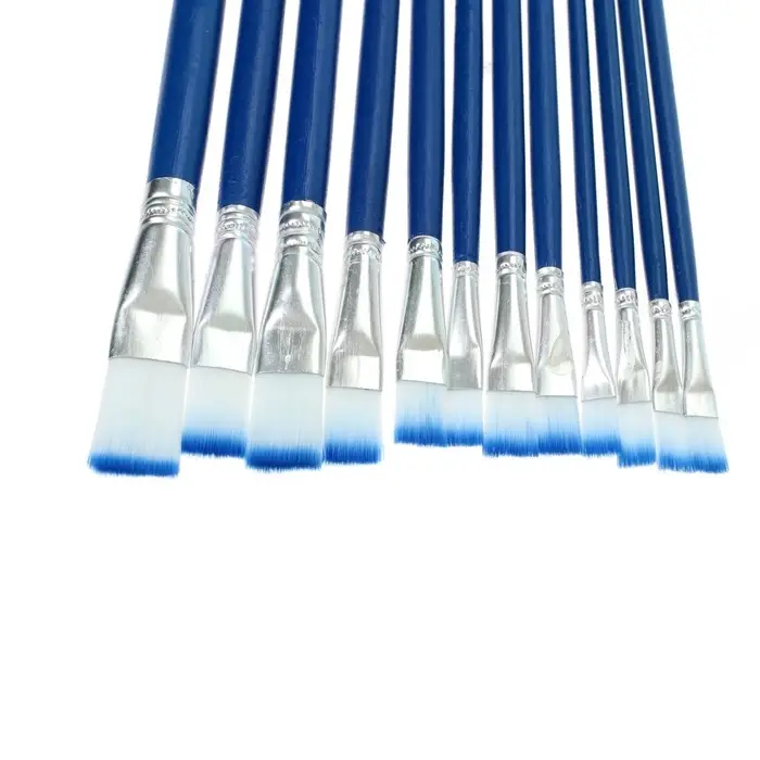 Набор кистей для рисования, нейлон, 12 штук: №1, 2, 3, 4, 5, 6, 7, 8, 9, 10, 11, 12, плоские, деревянная ручка, международный размер