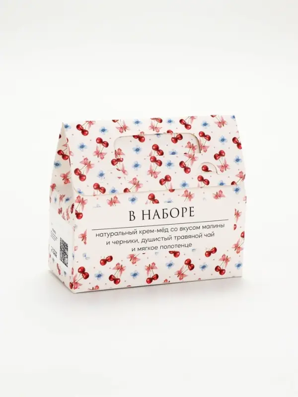 Набор с крем-мёдом, чаем и полотенцем в коробке "Весенний паттерн"