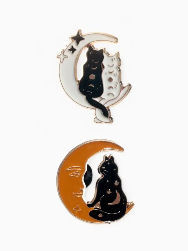 Набор значков (2 шт.) &laquo;Коты на Луне&raquo;, цветной в золоте