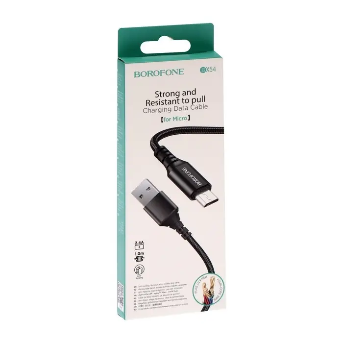 Кабель Borofone BX54, microUSB - USB, 2.4 А, 1 м, оплётка нейлон, чёрный