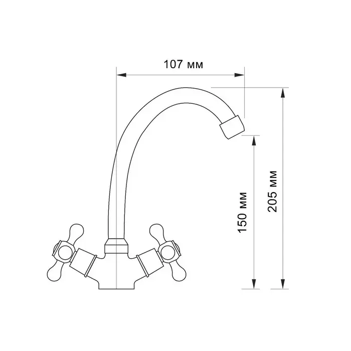 Смеситель для кухни ZEIN Z80102, двухвентильный, кран-букса латунь 1/2", без подводки, хром
