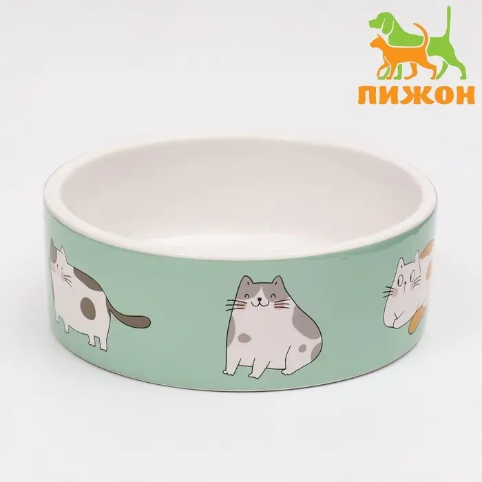 Миска &laquo;Котяры&raquo;, 300 мл, 12.5&times;12.5&times;4.5 см, керамика, зелёная, белая