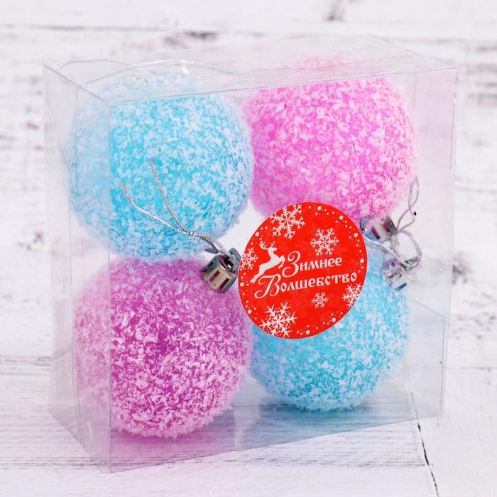 Набор шаров пластик d-6 см, 4 шт Набор шаров пластик d-6 см, 4 шт "Заснеженный" малиновый голубой