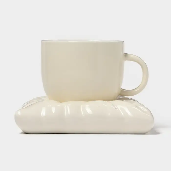 Чайная пара &laquo;Зефирка&raquo;, 3 предмета: чашка 250 мл, блюдце d=13.7 см, ложка, керамика, бежевая