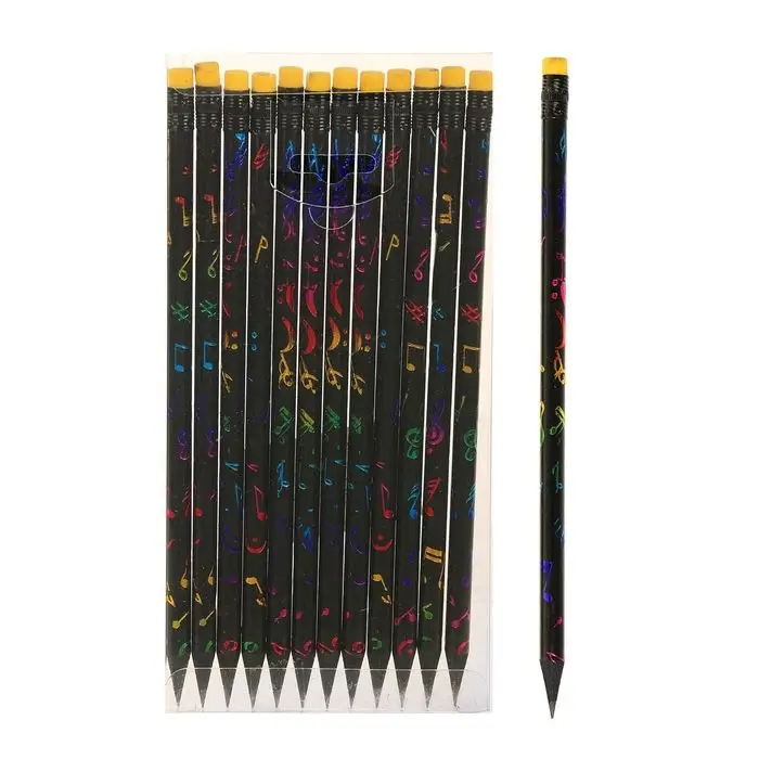 Карандаш простой, чернографитный с ластиком, твёрдость НВ, корпус чёрный с рисунком Карандаш простой, чернографитный с ластиком, твёрдость НВ, корпус чёрный с рисунком