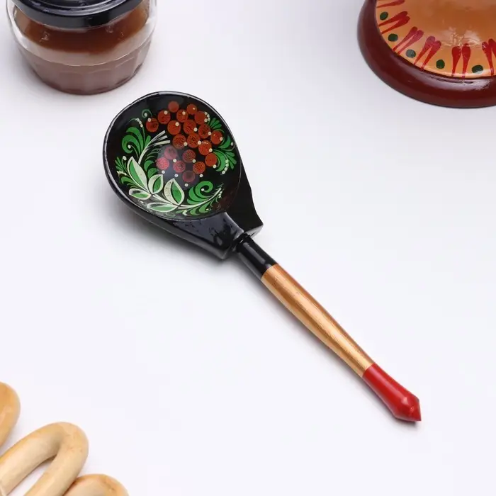 Ложка деревянная &laquo;Чернушка&raquo;, полубаская, 20&times;6.3 см, хохлома, ручная роспись, МИКС