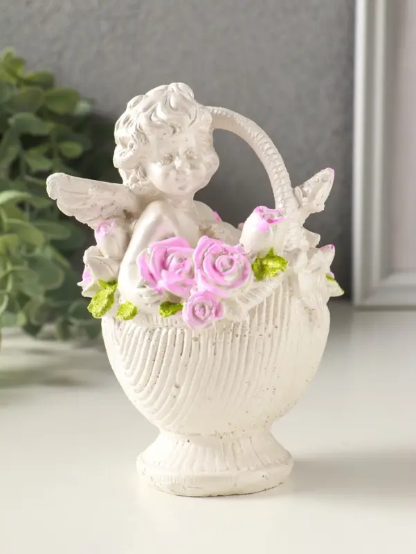 Фигурка гипс &laquo;Ангел в корзине&raquo;, 13&times;10&times;8 см, с росписью, белый
