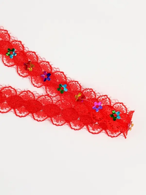 Тесьма гипюровая красная с пайетками 1,3 см, в упаковке 25 метров Тесьма гипюровая красная с пайетками 1,3 см, в упаковке 25 метров