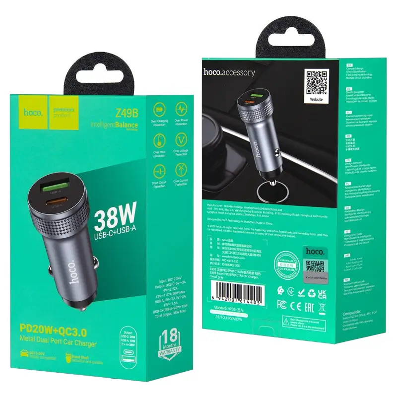 Переходник Z49B АЗУ на USB 38W QC3.0 HOCO серый Переходник Z49B АЗУ на USB 38W QC3.0 HOCO серый