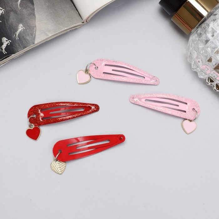 Невидимка для волос  Невидимка для волос "Офелия" (набор 4 шт) сердечки, 4,5 см, красный розовый