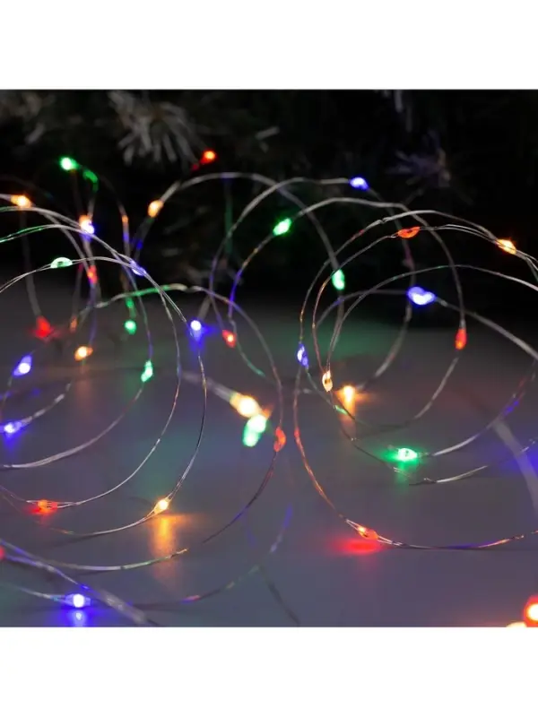 Гирлянда &laquo;Нить&raquo; 5 м, роса, IP20, серебристая нить, 50 LED, 2 режима, от батареек АА&times;3, свечение тёплое белое / мульти