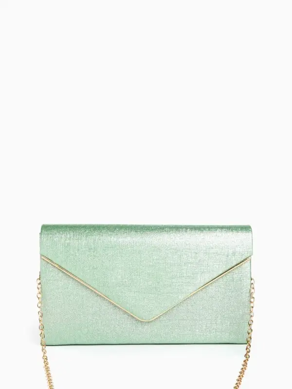Сумка-клатч женская вечерняя на магните, на золотистой цепочке, мерцающая, светло-зелёная