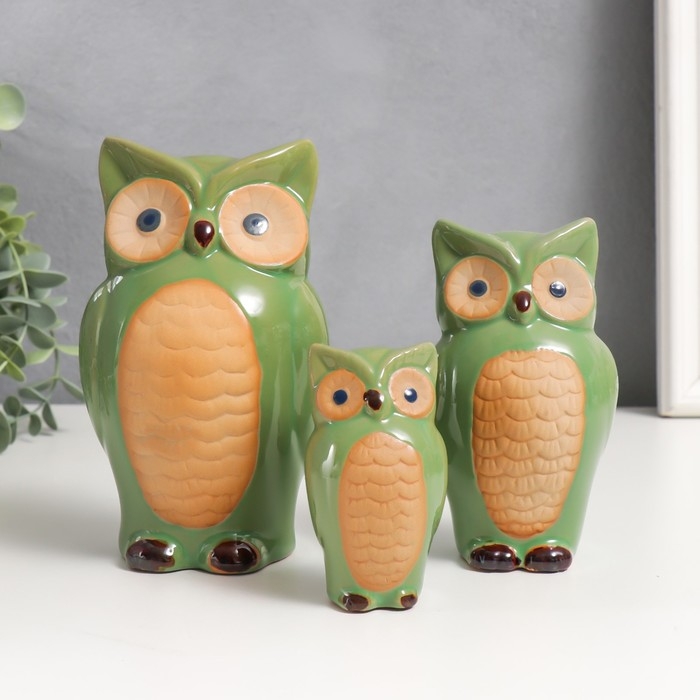 Сувенир керамика Сувенир керамика "Три филина" зелёный набор 3 шт 8,5х4,5х3,8 12х6,5х5 15х8,5х7 см