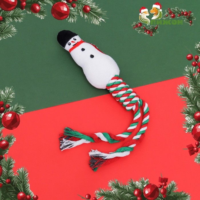 Игрушка пищащая, мягкая для собак  Игрушка пищащая, мягкая для собак "Снеговик" с канатом, 32 см