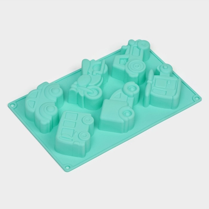 Форма для выпечки Доляна &laquo;Транспорт&raquo;, силикон, 30&times;17,5 см, 6 ячеек (9&times;5,5&times;3,5 см), цвет мятный